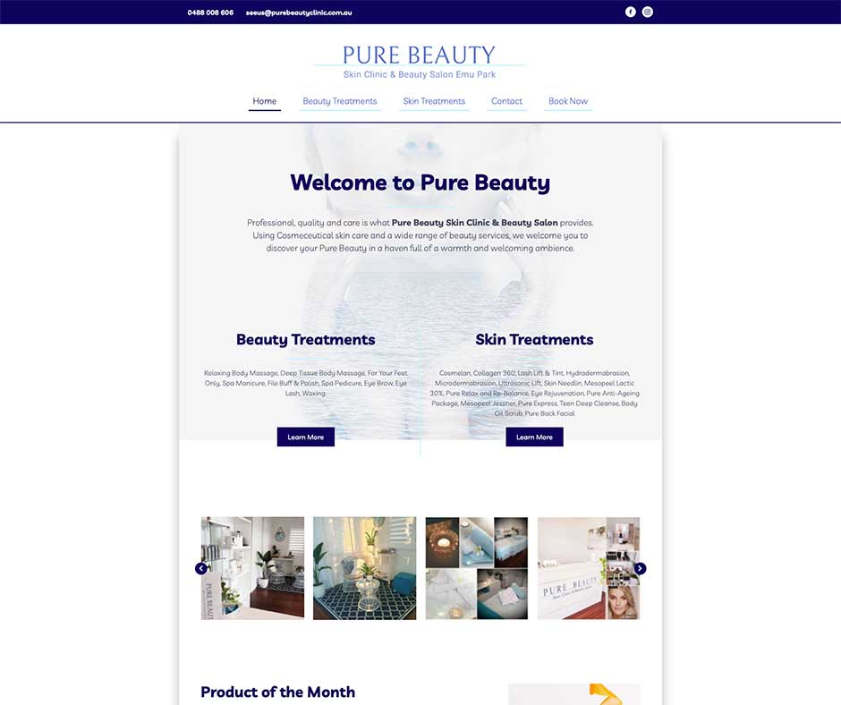 Pure Beauty Skin Clinic Beauty Salon Website Homepage Screenshot