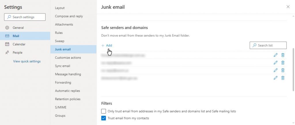 whitlisting outlook - safe sender list
