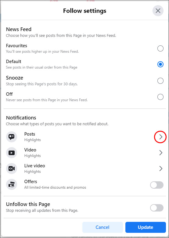 Notifications in Facebook - follow settings