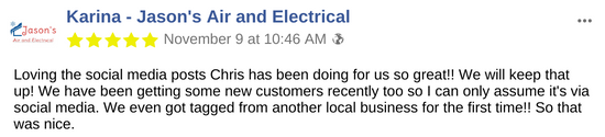 Jason's Air and Electrical - Social media testimonial