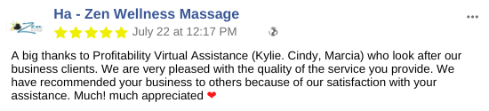 Zen Wellness Massage - virtual assistance testimonial