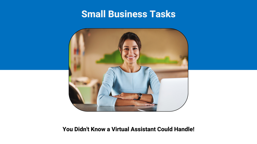 A professional Virtual Assistant smiles confidently at her desk, ready to tackle a variety of small business tasks.