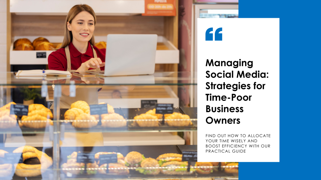 A smiling business owner at a bakery counter efficiently managing social media on a laptop, exemplifying strategies for time-poor entrepreneurs.