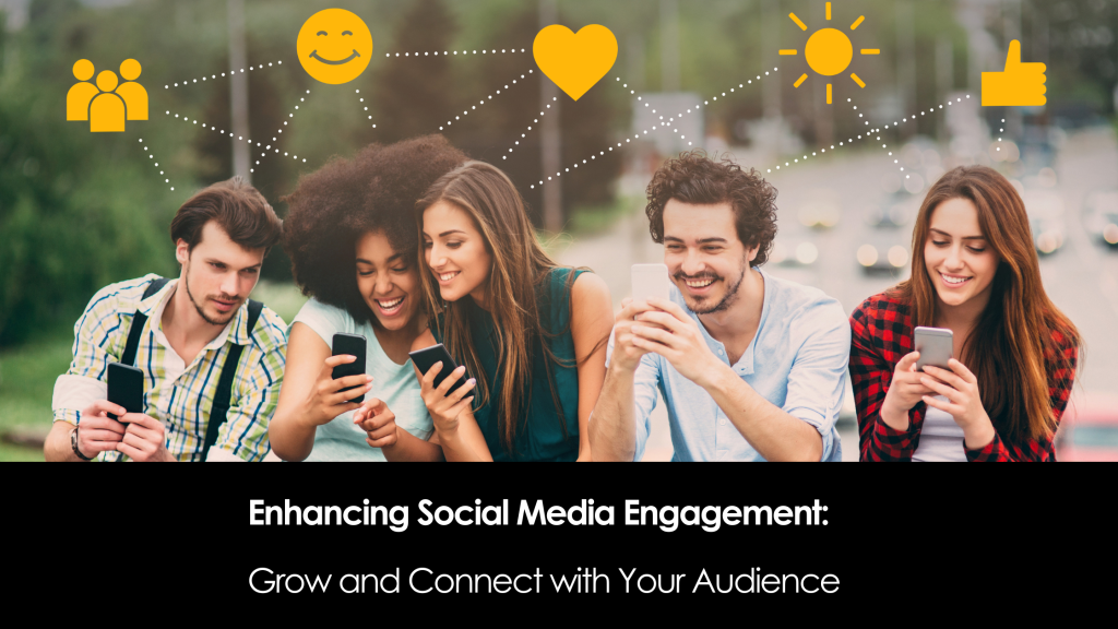 A group of friends engaging with content on their smartphones, surrounded by symbols representing social media engagement like likes, hearts, and smileys.