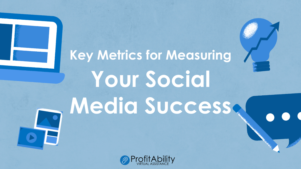 Illustration of social media icons and a lightbulb with a rising arrow, representing key metrics for measuring social media success.