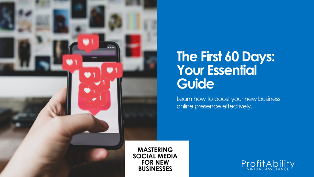 A person holding a smartphone with multiple social media like notifications, promoting the first 60 days guide for new business social media strategy.