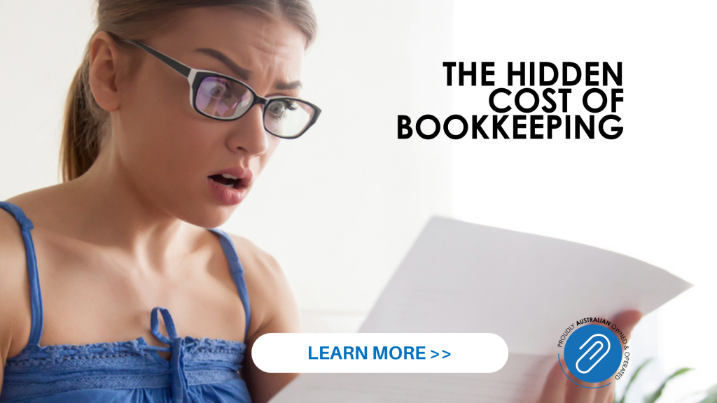 A woman with glasses looking shocked at a document, with the text "The Hidden Cost of Bookkeeping" and a "Learn More" button.